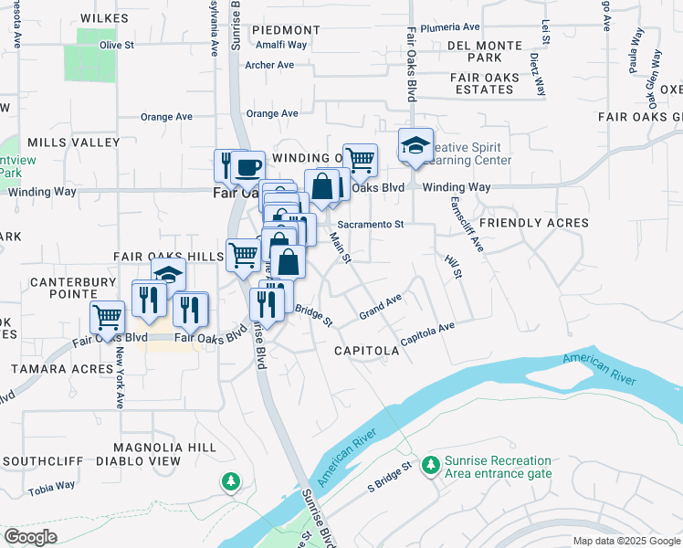 map of restaurants, bars, coffee shops, grocery stores, and more near 8000 California Avenue in Fair Oaks