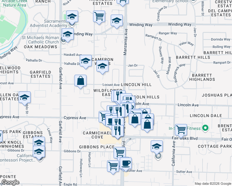 map of restaurants, bars, coffee shops, grocery stores, and more near 4117 Scranton Circle in Carmichael