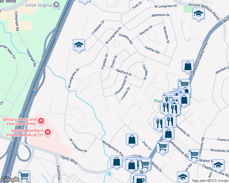 map of restaurants, bars, coffee shops, grocery stores, and more near 14314 Chesterfield Drive in Woodbridge