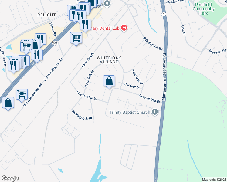 map of restaurants, bars, coffee shops, grocery stores, and more near 12611 Council Oak Drive in Waldorf