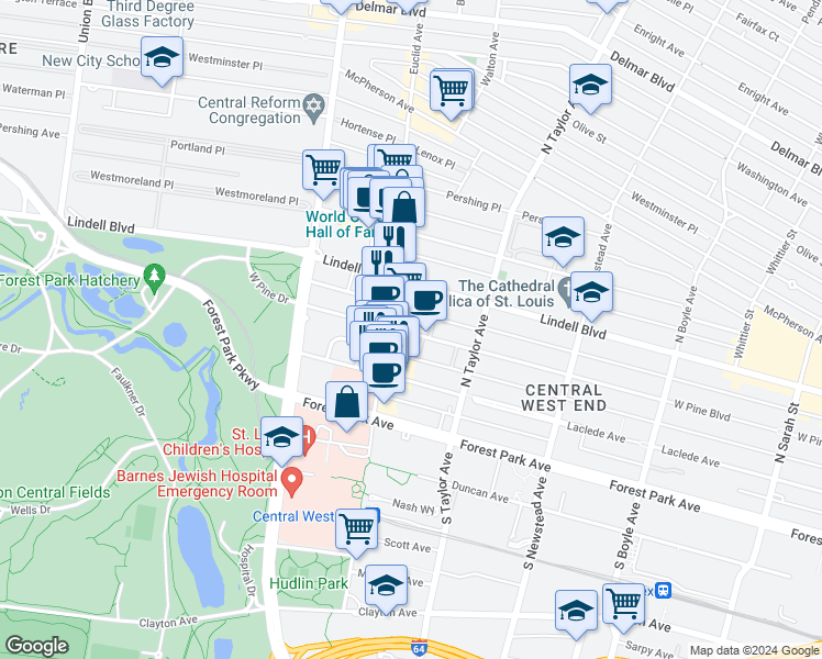 map of restaurants, bars, coffee shops, grocery stores, and more near 4555 West Pine Boulevard in St. Louis