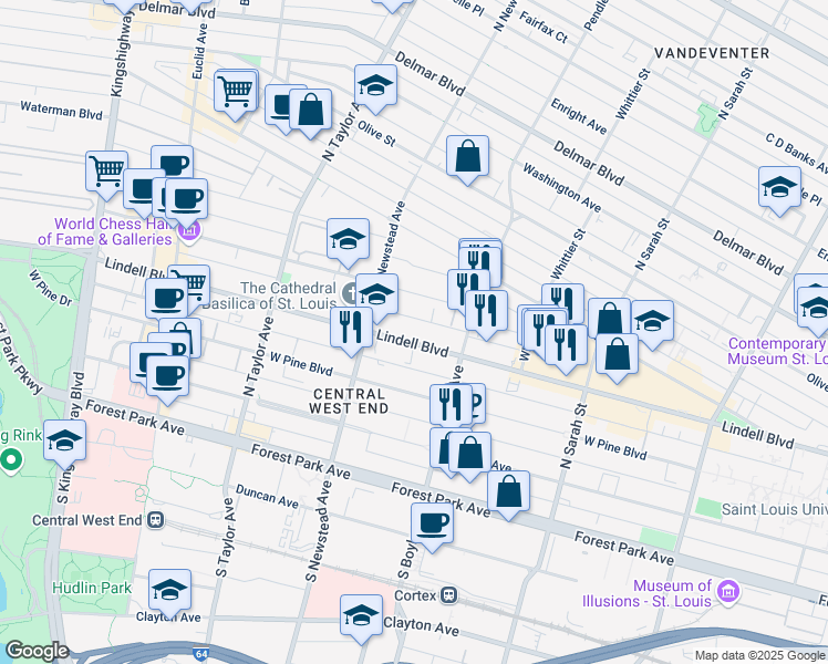 map of restaurants, bars, coffee shops, grocery stores, and more near 4339 Lindell Boulevard in St. Louis