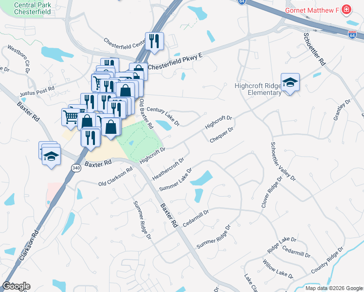 map of restaurants, bars, coffee shops, grocery stores, and more near 15608 Highcroft Drive in Chesterfield