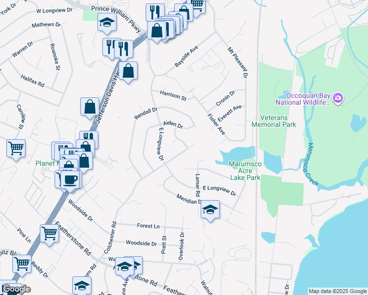 map of restaurants, bars, coffee shops, grocery stores, and more near 14312 Hope Street in Woodbridge