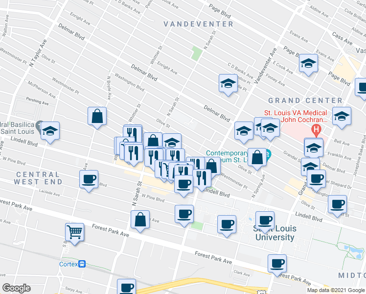map of restaurants, bars, coffee shops, grocery stores, and more near 3961 Westminster Place in St. Louis