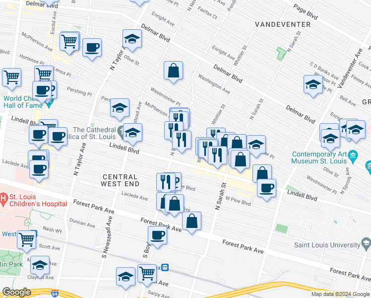 map of restaurants, bars, coffee shops, grocery stores, and more near 4228 Maryland Avenue in St. Louis
