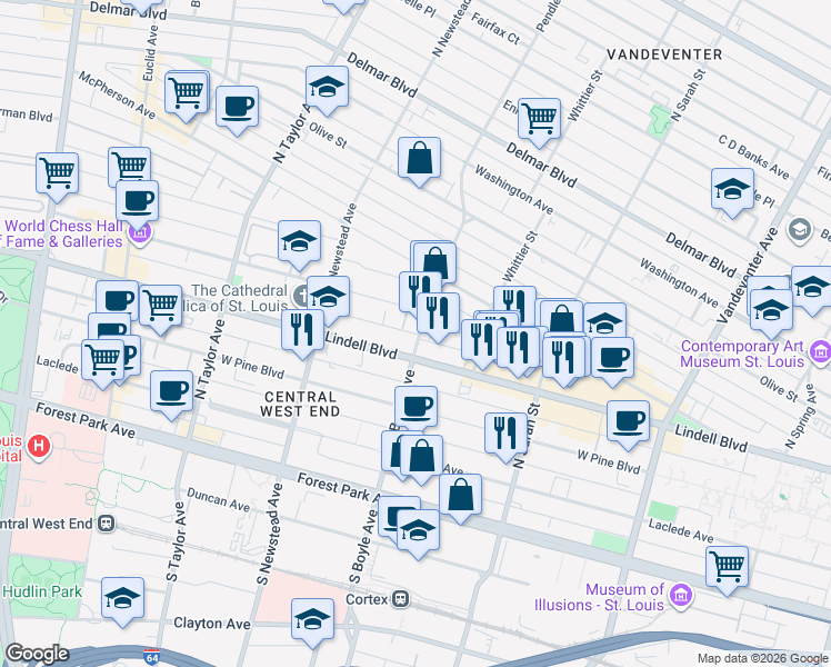 map of restaurants, bars, coffee shops, grocery stores, and more near 322 North Boyle Avenue in St. Louis