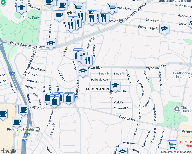 map of restaurants, bars, coffee shops, grocery stores, and more near 7575 Parkdale Avenue in Clayton