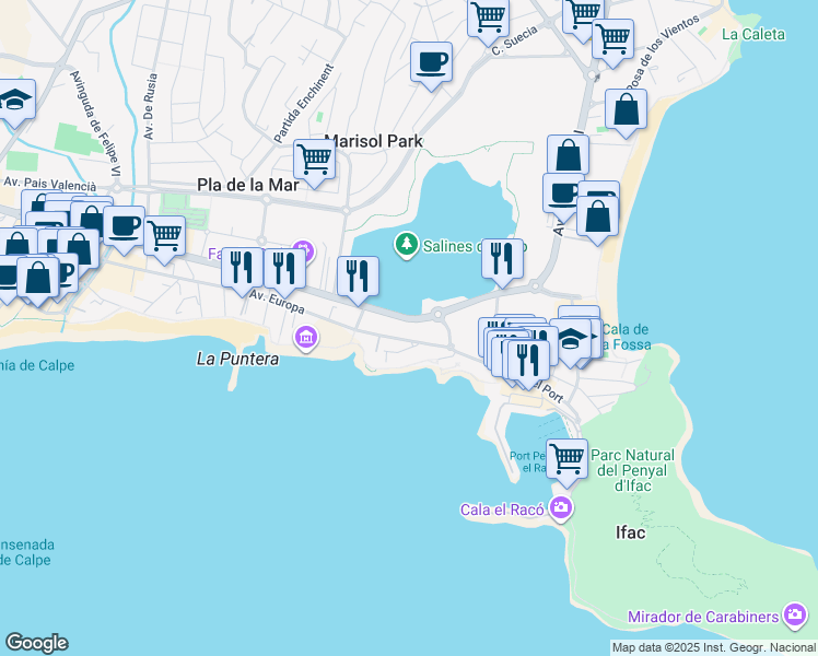 map of restaurants, bars, coffee shops, grocery stores, and more near 29 Avenida de los Ejércitos Españoles in Calpe