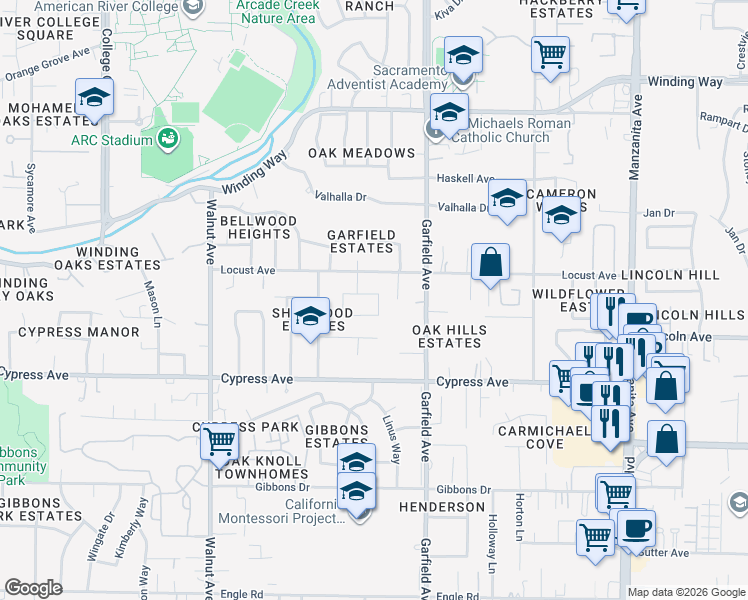 map of restaurants, bars, coffee shops, grocery stores, and more near 5444 Wildflower Circle in Carmichael