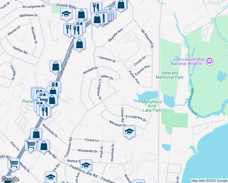 map of restaurants, bars, coffee shops, grocery stores, and more near 14312 Hope Street in Woodbridge