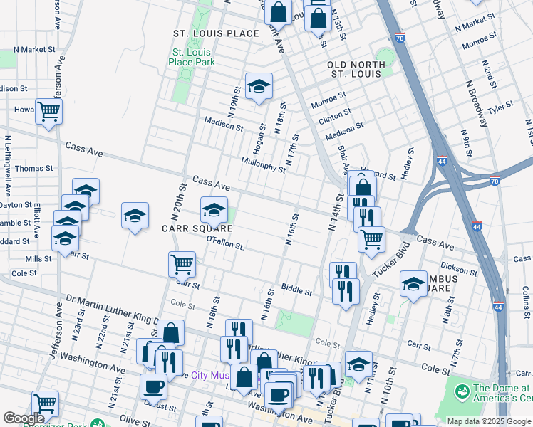 map of restaurants, bars, coffee shops, grocery stores, and more near 1736 Cochran Place in St. Louis