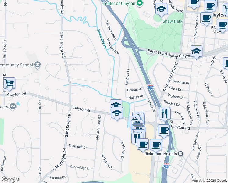 map of restaurants, bars, coffee shops, grocery stores, and more near 840 Wenneker Drive in St. Louis