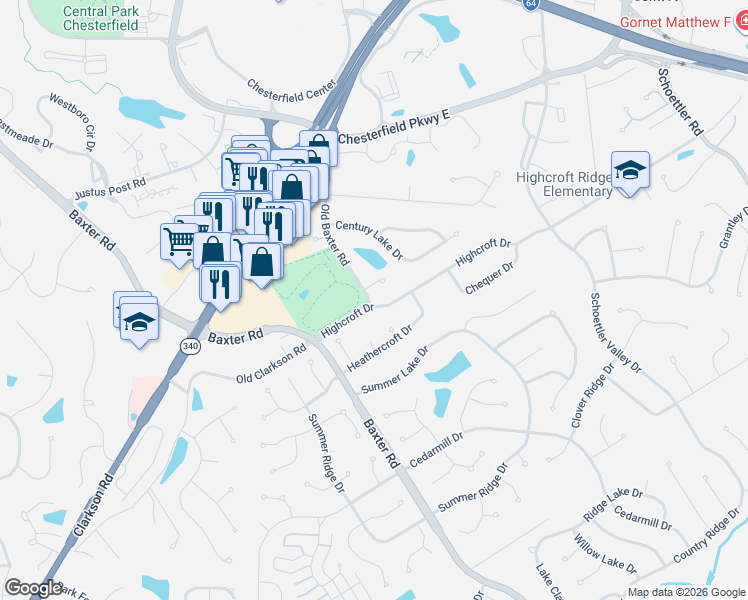 map of restaurants, bars, coffee shops, grocery stores, and more near 15641 Highcroft Drive in Chesterfield