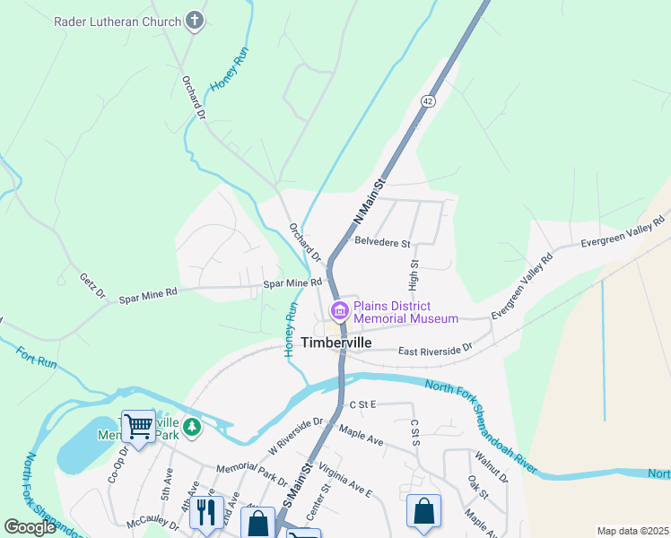 map of restaurants, bars, coffee shops, grocery stores, and more near 233 N Main St in Timberville