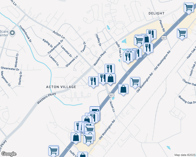 map of restaurants, bars, coffee shops, grocery stores, and more near 2505 Enterprise Place in Waldorf