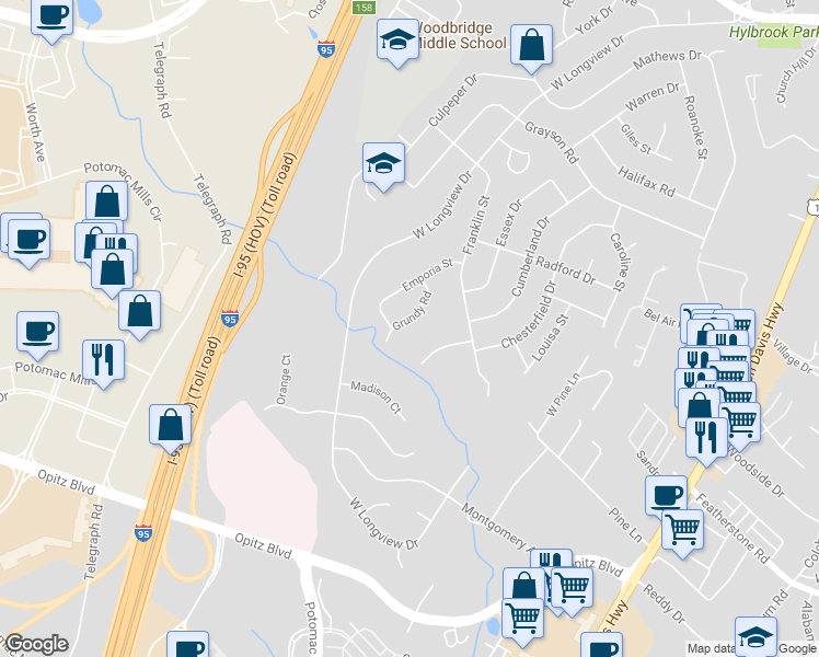 map of restaurants, bars, coffee shops, grocery stores, and more near 2219 Grundy Rd in Woodbridge