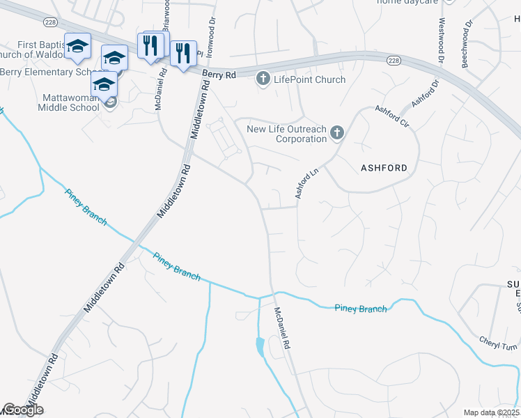 map of restaurants, bars, coffee shops, grocery stores, and more near 2400 McDaniel Road in Waldorf
