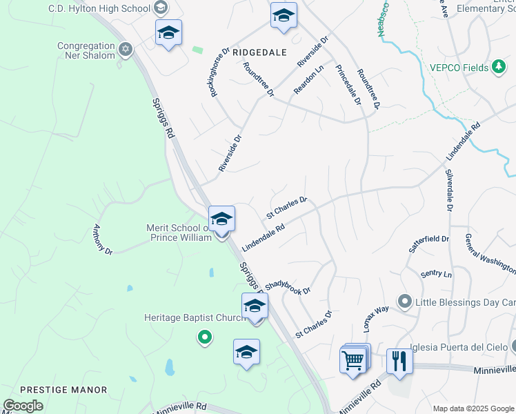 map of restaurants, bars, coffee shops, grocery stores, and more near 14453 Simmons Lane in Woodbridge