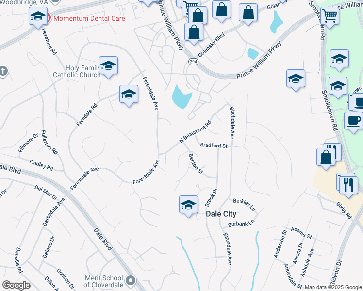 map of restaurants, bars, coffee shops, grocery stores, and more near 14300 Benton Street in Woodbridge