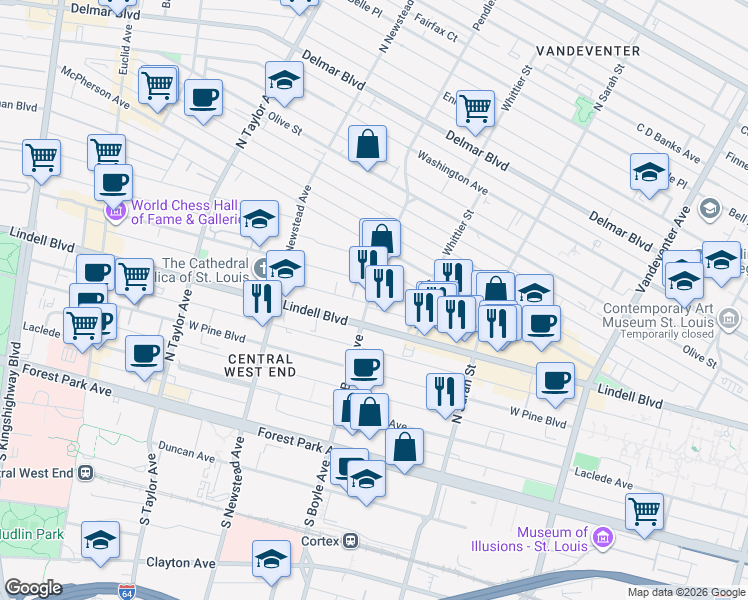 map of restaurants, bars, coffee shops, grocery stores, and more near 322 North Boyle Avenue in St. Louis