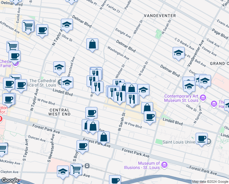 map of restaurants, bars, coffee shops, grocery stores, and more near 4171 Lindell Boulevard in St. Louis