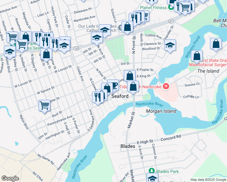 map of restaurants, bars, coffee shops, grocery stores, and more near 118 North Pine Street in Seaford