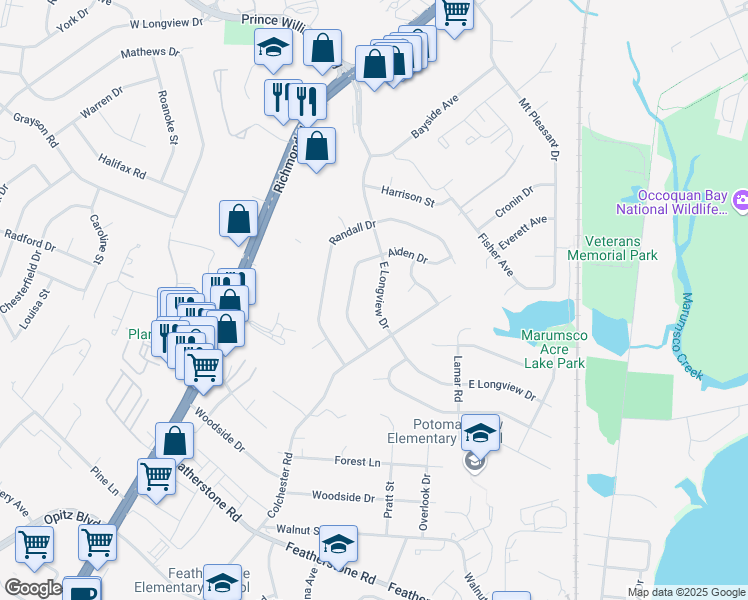 map of restaurants, bars, coffee shops, grocery stores, and more near 1334 East Longview Drive in Woodbridge
