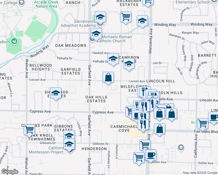 map of restaurants, bars, coffee shops, grocery stores, and more near 5617 Vall Court in Carmichael