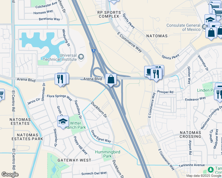 map of restaurants, bars, coffee shops, grocery stores, and more near 81 Moonrise Circle in Sacramento