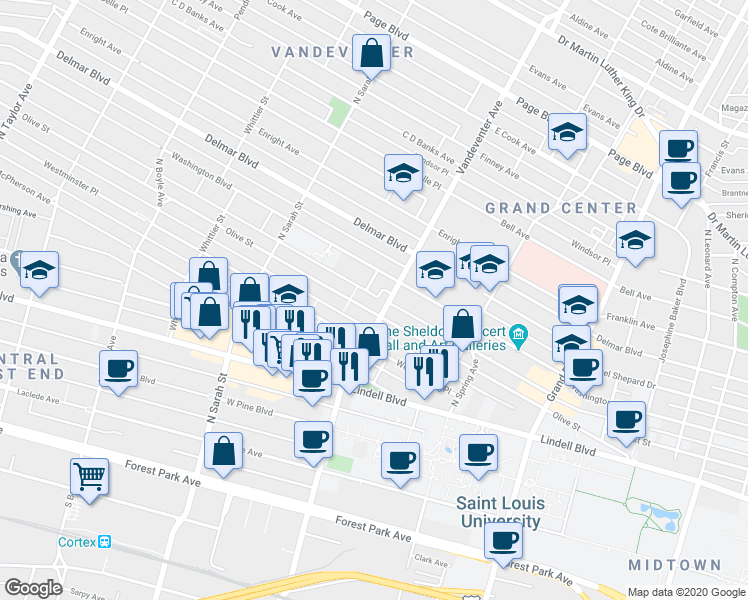 map of restaurants, bars, coffee shops, grocery stores, and more near 3918 Olive Street in St. Louis