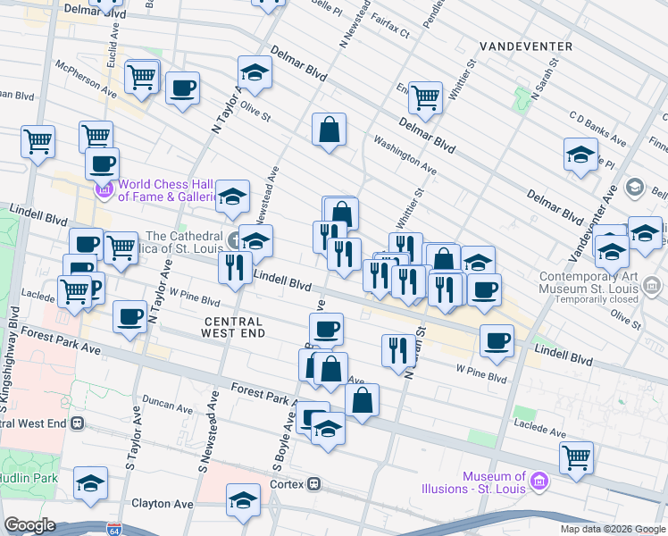 map of restaurants, bars, coffee shops, grocery stores, and more near 322 North Boyle Avenue in St. Louis