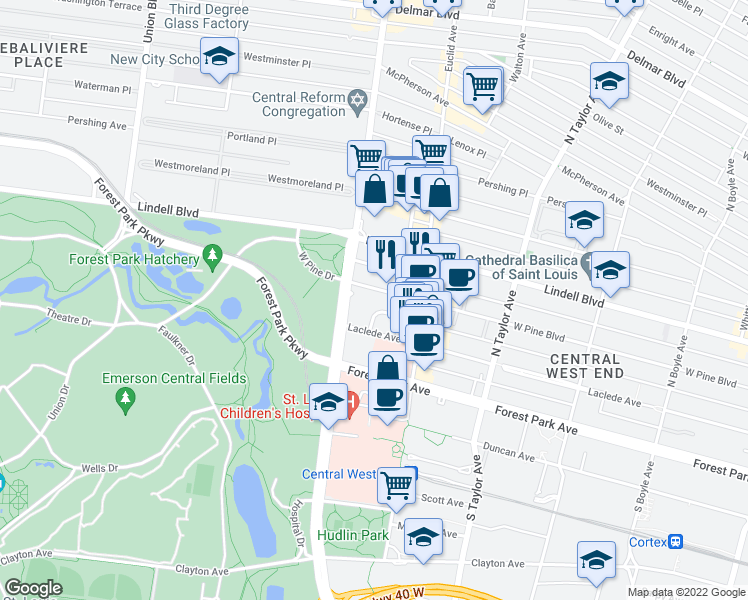 map of restaurants, bars, coffee shops, grocery stores, and more near 4961 Laclede Avenue in St. Louis