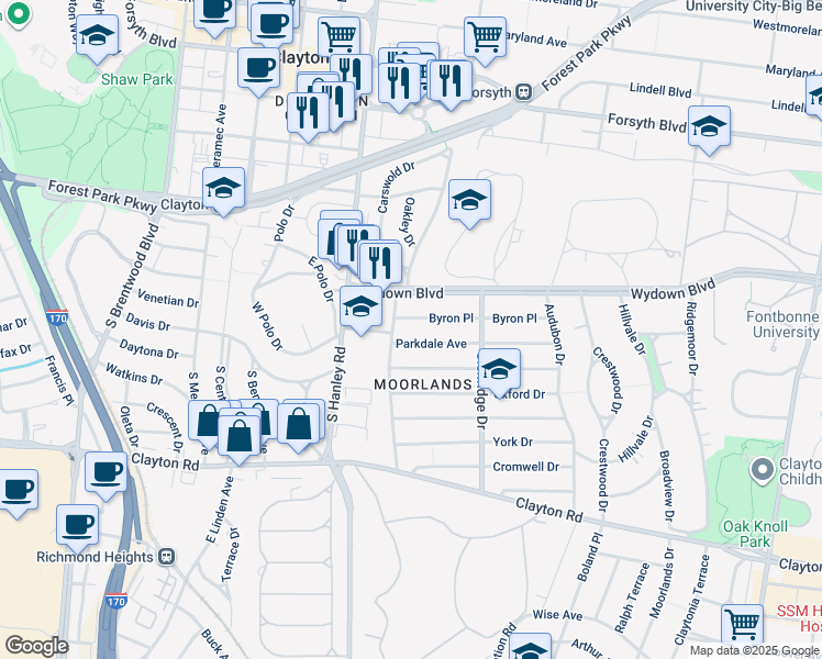 map of restaurants, bars, coffee shops, grocery stores, and more near 7575 Parkdale Avenue in Clayton