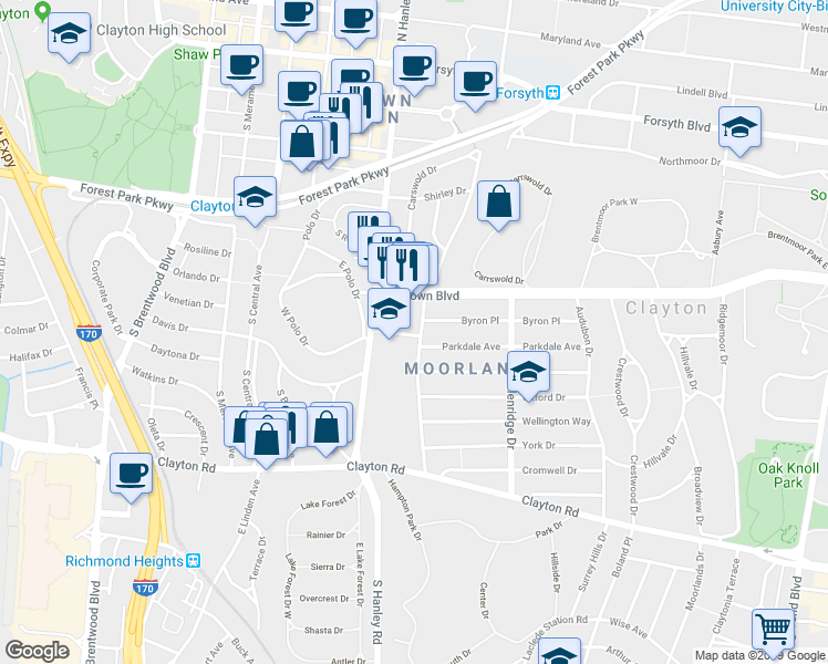map of restaurants, bars, coffee shops, grocery stores, and more near 7575 Parkdale Avenue in Clayton