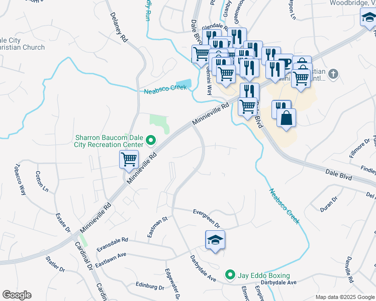map of restaurants, bars, coffee shops, grocery stores, and more near 14397 Westminster Lane in Dale City