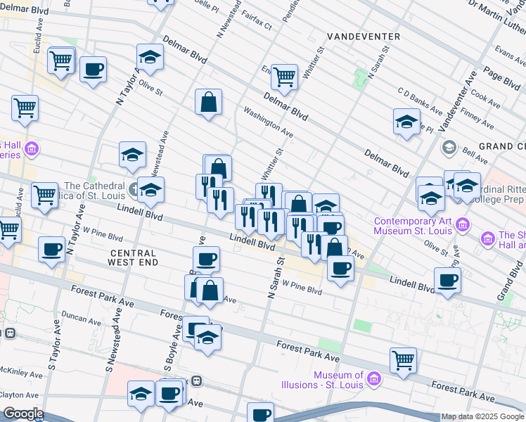 map of restaurants, bars, coffee shops, grocery stores, and more near 4171 Lindell Boulevard in St. Louis