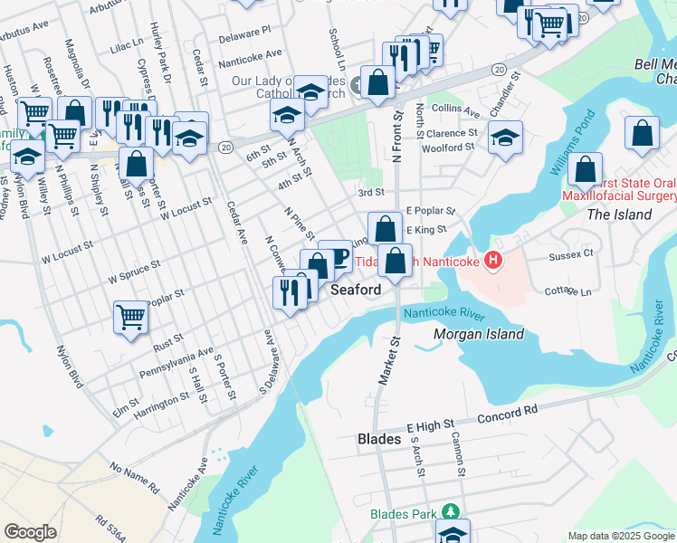 map of restaurants, bars, coffee shops, grocery stores, and more near 118 North Pine Street in Seaford