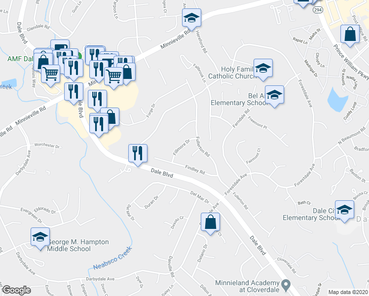 map of restaurants, bars, coffee shops, grocery stores, and more near 3901 Fillmore Drive in Woodbridge