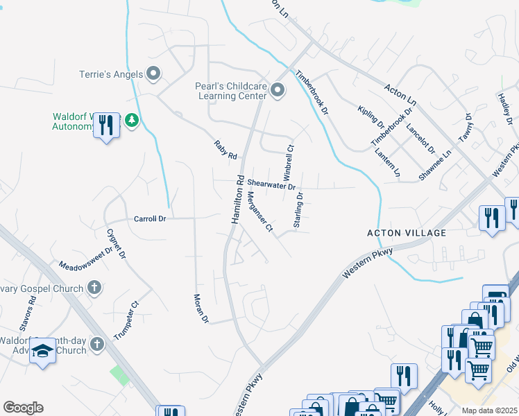 map of restaurants, bars, coffee shops, grocery stores, and more near 2540 Merganser Court in Waldorf