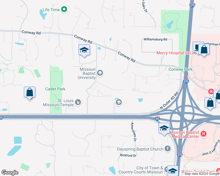 map of restaurants, bars, coffee shops, grocery stores, and more near Dink Marler Lane in Creve Coeur