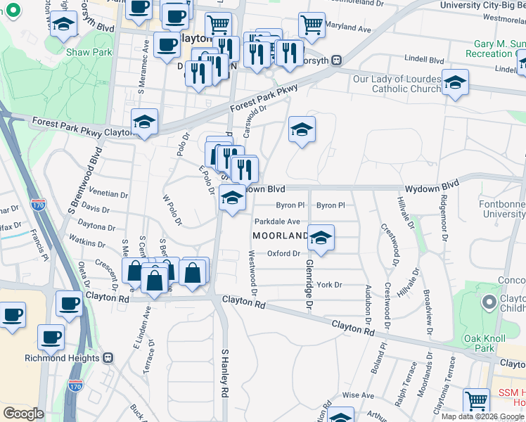 map of restaurants, bars, coffee shops, grocery stores, and more near 7575 Parkdale Avenue in Clayton