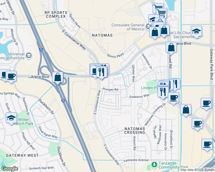 map of restaurants, bars, coffee shops, grocery stores, and more near 2559 Radar Lane in Sacramento
