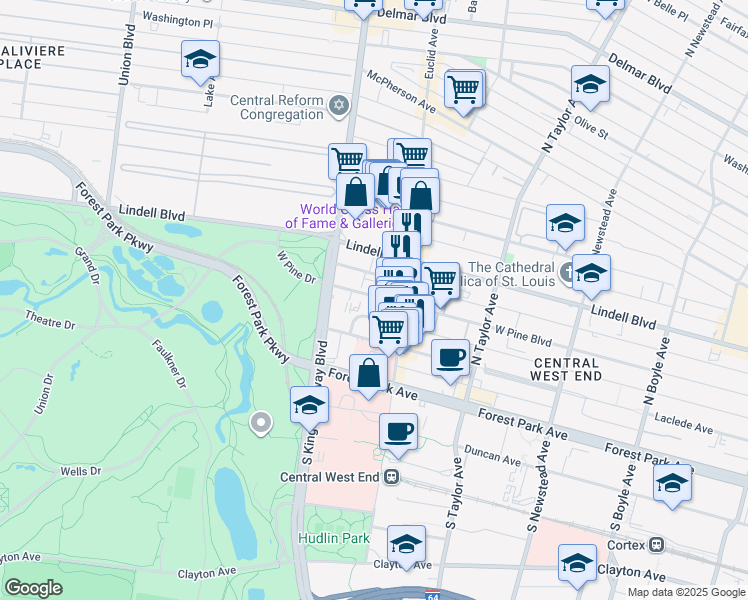 map of restaurants, bars, coffee shops, grocery stores, and more near 4906 West Pine Boulevard in St. Louis