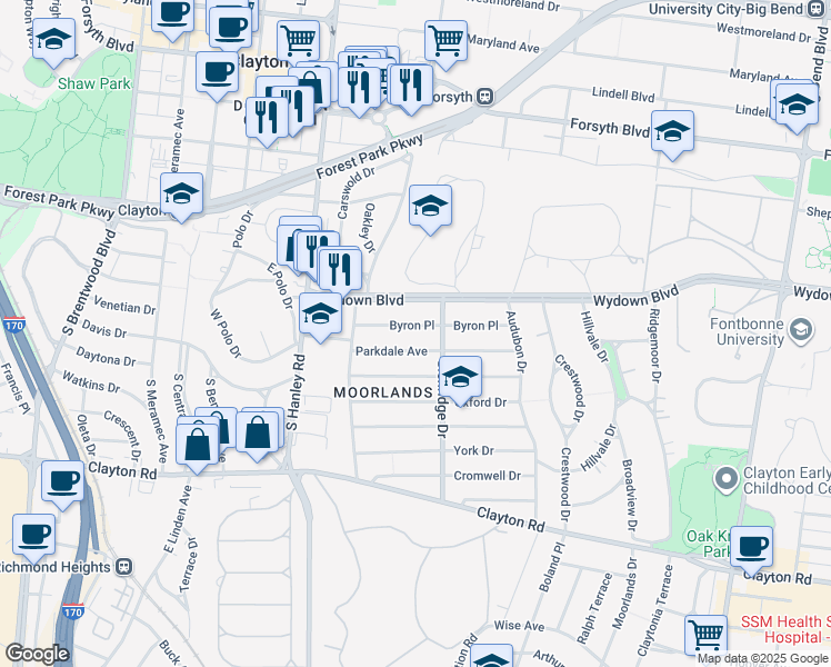 map of restaurants, bars, coffee shops, grocery stores, and more near 7537 Parkdale Avenue in Clayton