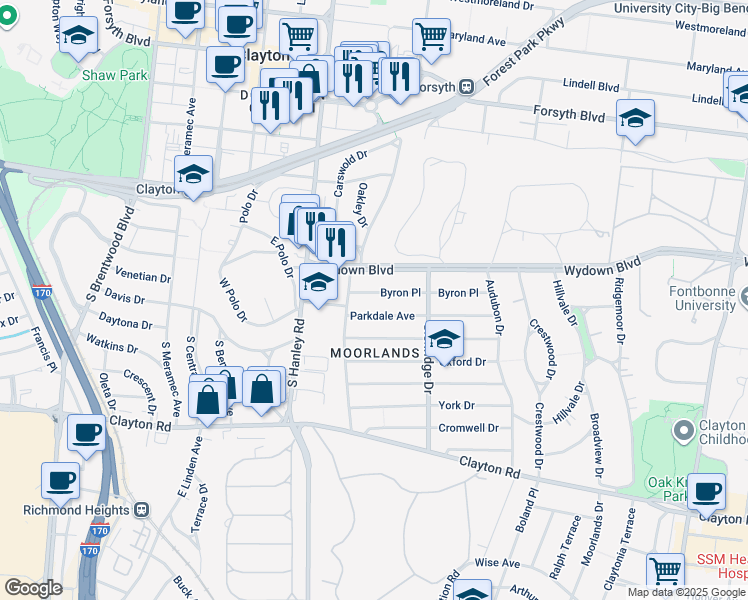 map of restaurants, bars, coffee shops, grocery stores, and more near 7537 Parkdale Avenue in Clayton