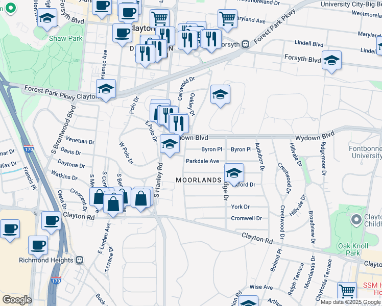 map of restaurants, bars, coffee shops, grocery stores, and more near 7575 Parkdale Avenue in Clayton