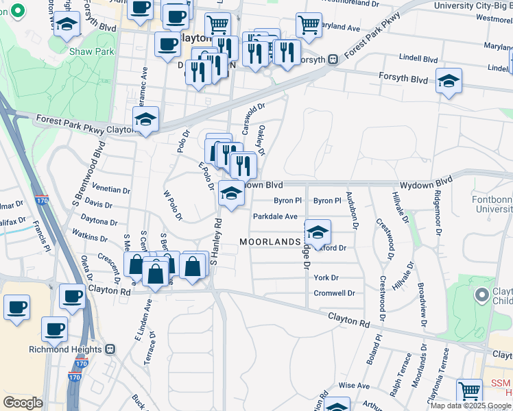 map of restaurants, bars, coffee shops, grocery stores, and more near 7575 Parkdale Avenue in Clayton