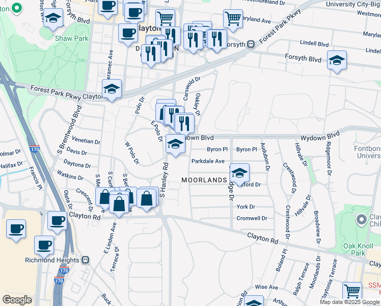 map of restaurants, bars, coffee shops, grocery stores, and more near 7575 Parkdale Avenue in Clayton