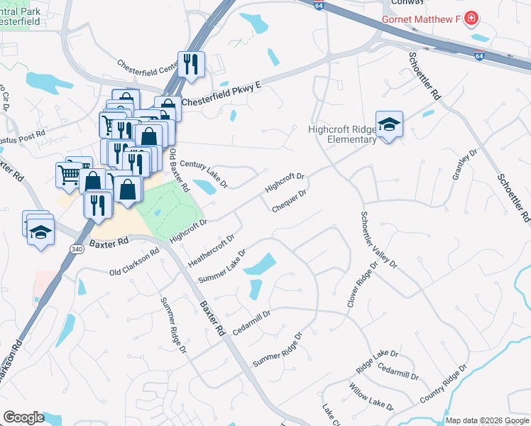 map of restaurants, bars, coffee shops, grocery stores, and more near 1716 Heathercroft Drive in Chesterfield